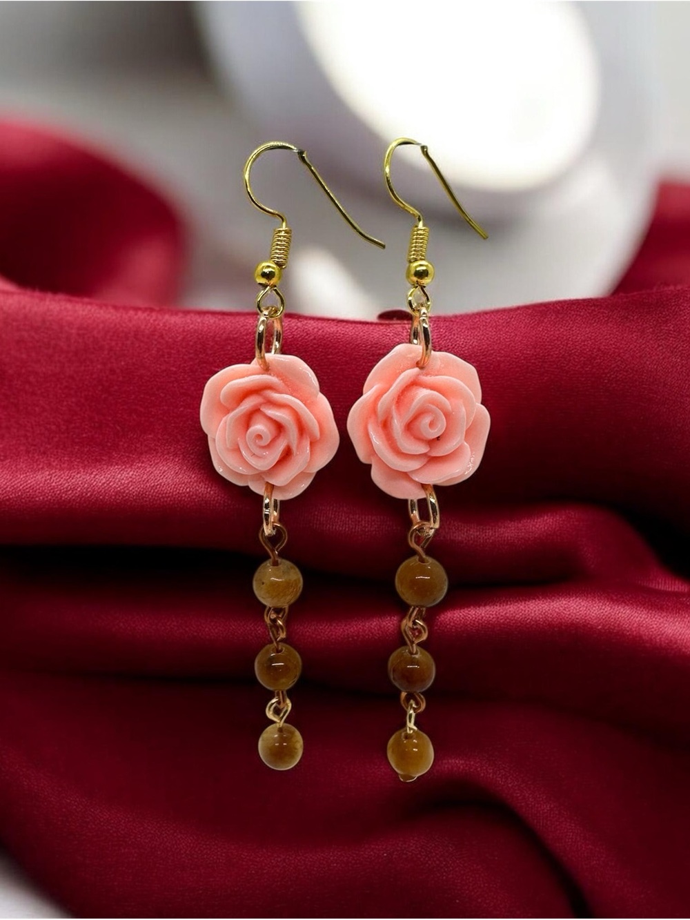 Pink Rose Flower Earrings with Amber Beads, Gold-Tone Handmade Jewelry